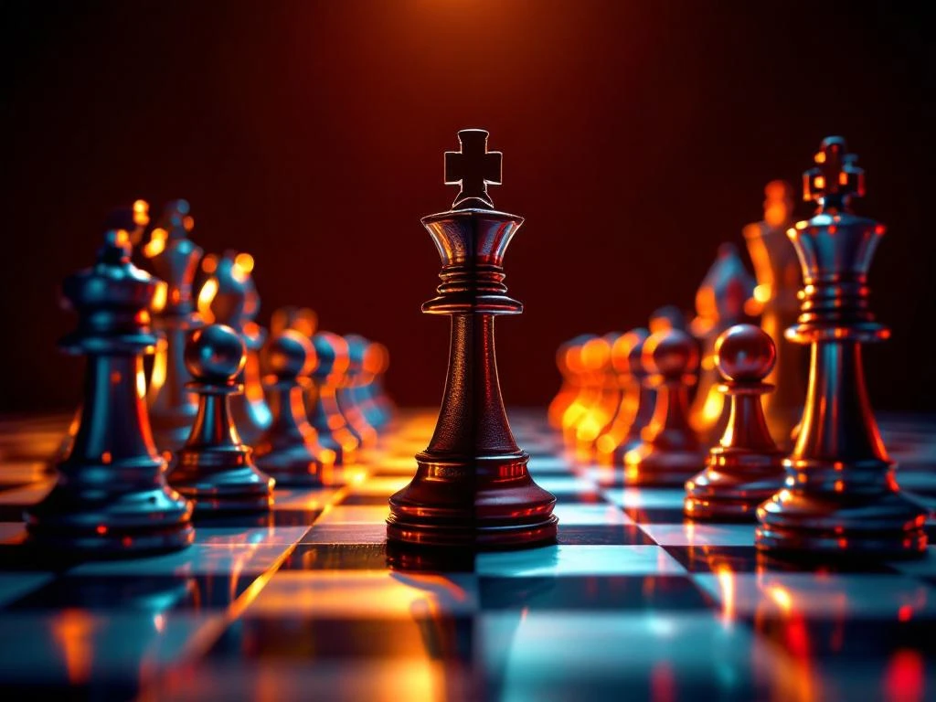 Chess boards comparing B2B industrial metal pieces and B2C colorful pieces with central king symbolizing rebranding strategy