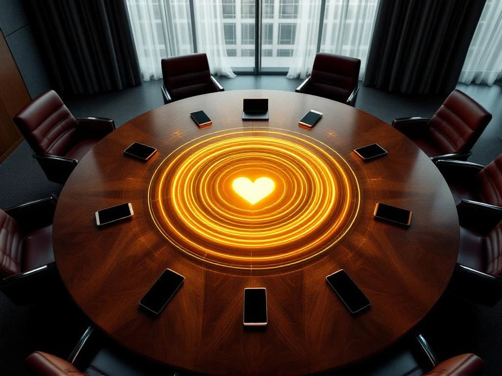 Golden heart symbol radiating light toward devices on executive boardroom table, viewed from above