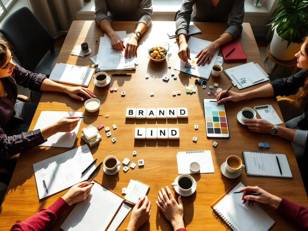 Diverse team collaborating on brand materials at wooden conference table with sketches, color swatches, and letter tiles