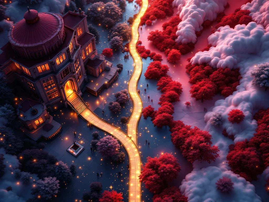 Aerial view of two brand landscapes merging: classic burgundy and gold architecture flowing into modern crimson and platinum design