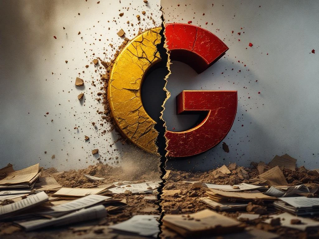 Weathered brand logo crumbling into dust contrasts with pristine materials, symbolizing business decline versus success