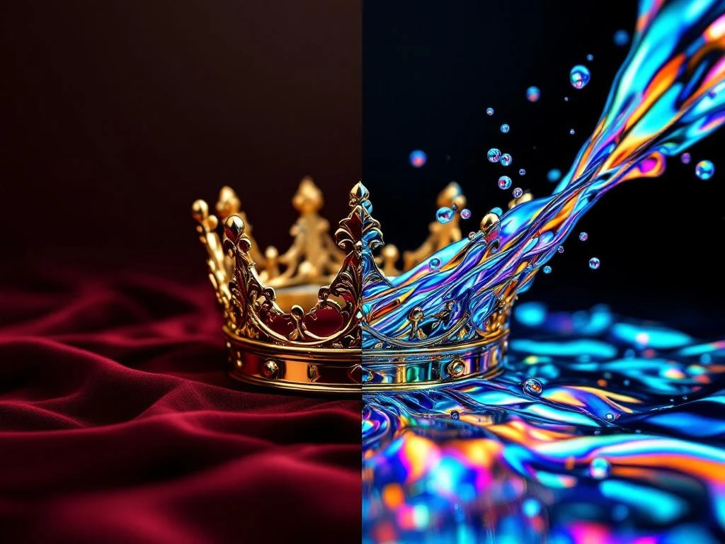 Golden crown on velvet transforming into iridescent liquid metal, symbolizing brand heritage evolving into innovation