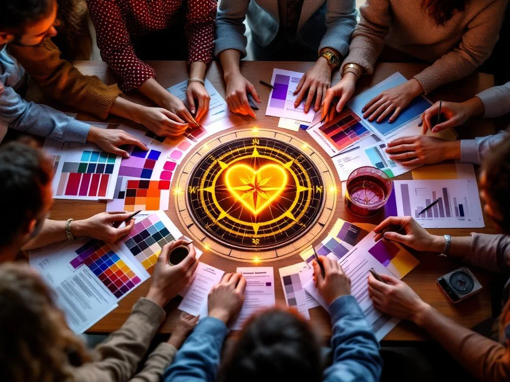 Diverse team collaborating around glowing heart-shaped compass with brand strategy materials on wooden table