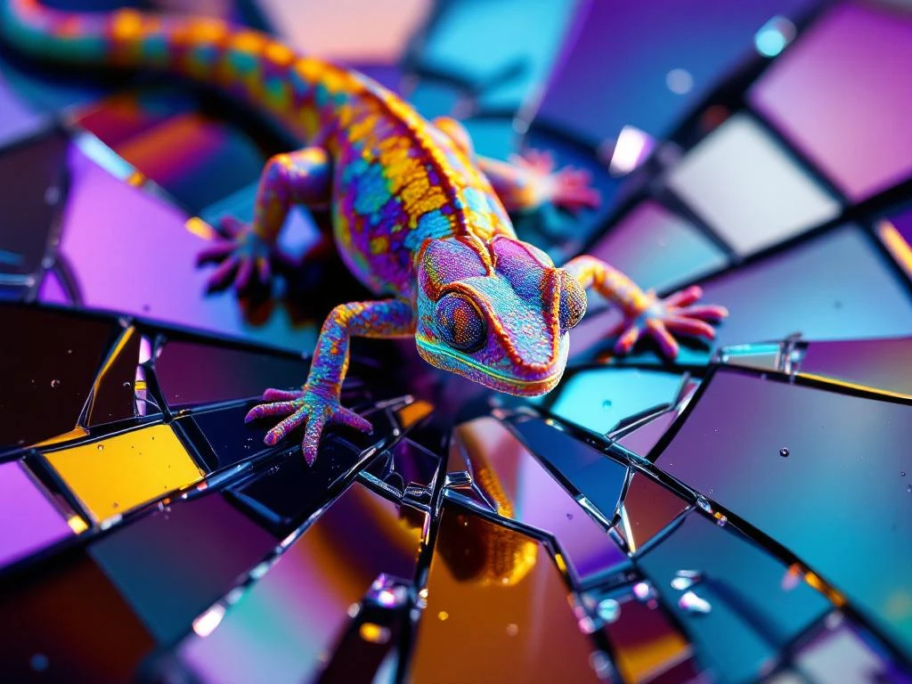 Chameleon changing colors on shattered mirror with multiple reflections showing different brand color palettes and identities