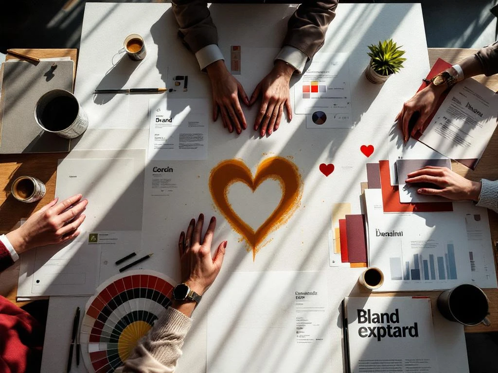 Boardroom table showing traditional brand materials transitioning to modern vibrant identity elements with hands gesturing over documents
