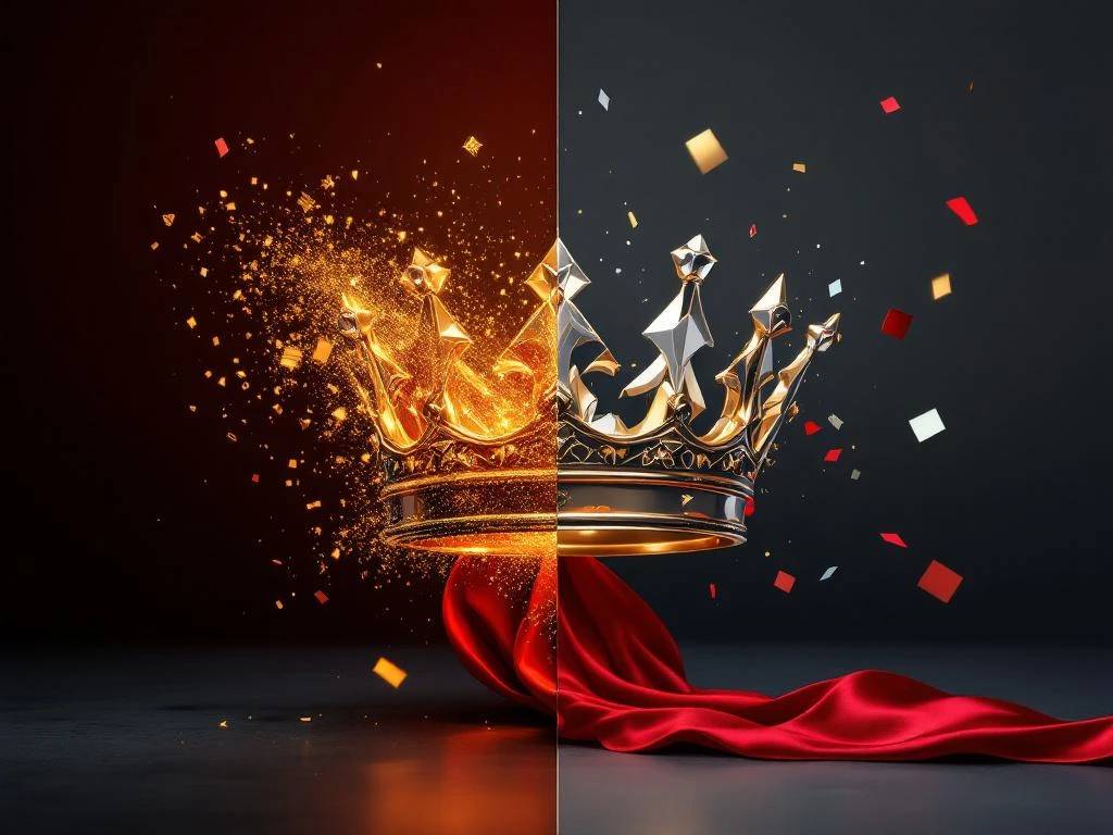Classic golden crown dissolving into particles and reconstructing with geometric facets, connected by red silk thread amid floating brand elements