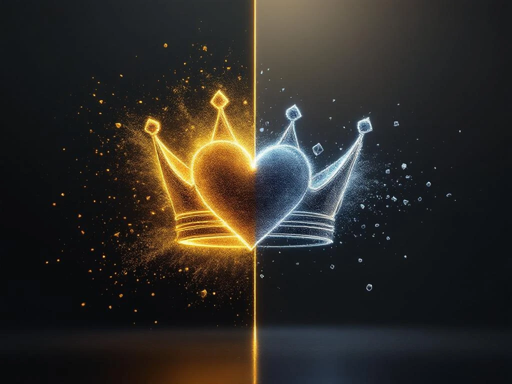 Golden crown emblem transforming from classic to modern design with glowing particles and geometric fragments on gradient background