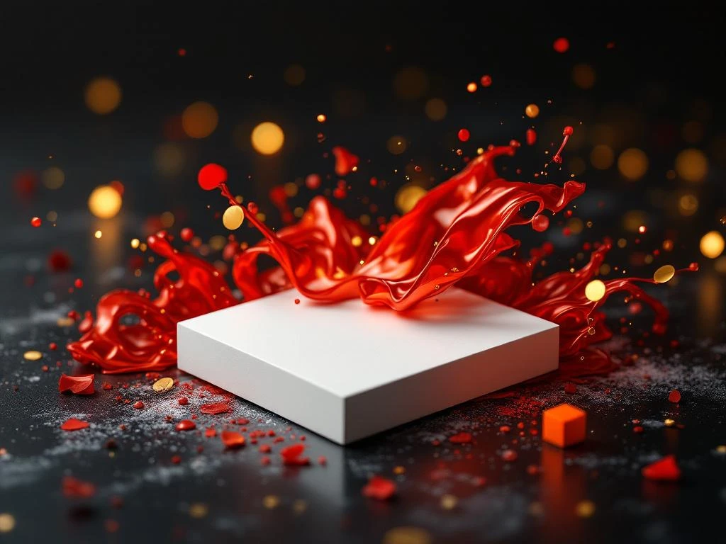 White business card transforming with flowing red and gold elements surrounded by branding materials on dark surface