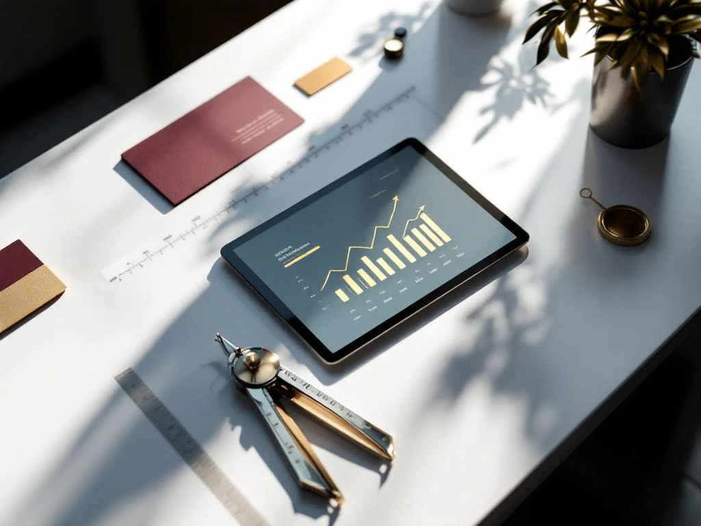 Tablet displaying brand growth charts on white desk with business cards, color swatches, and measuring tools in gold and burgundy