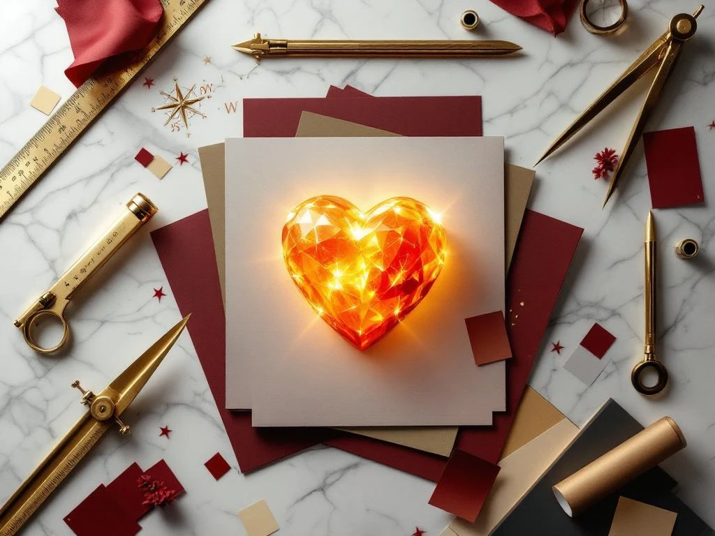 Golden compass tools and heart-shaped crystal on marble surface with brand guideline documents for strategic realignment