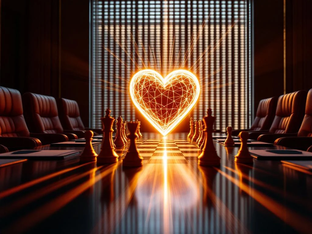 Glowing 3D brand logo hologram on boardroom table with heart-shaped chess pieces and strategy documents in golden light