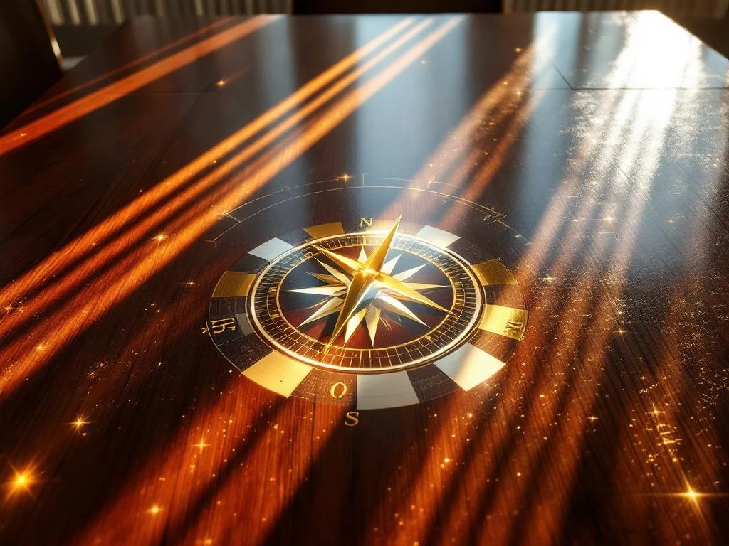Golden compass on mahogany boardroom table pointing to brand strategy document with burgundy and gold color swatches