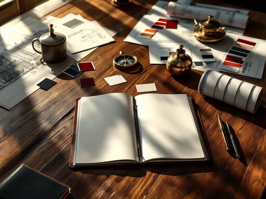 Overhead view of wooden conference table with brand strategy materials, color swatches, notebook sketches, and compass in natural light