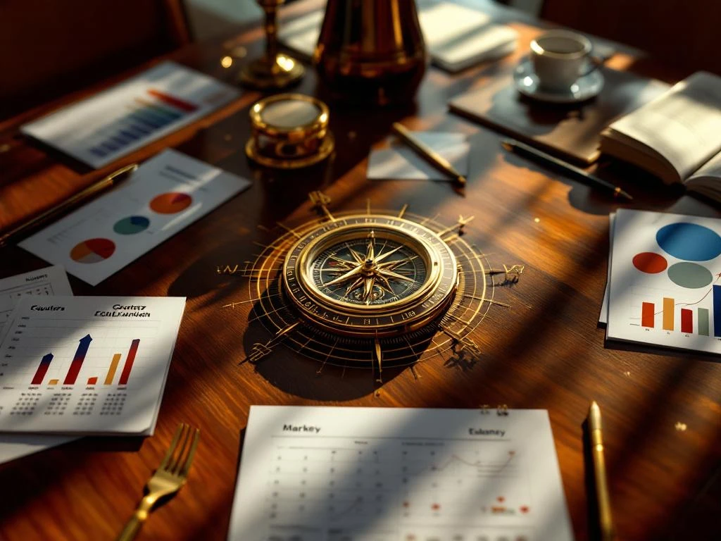 Brass compass-chronograph centerpiece on mahogany boardroom table with strategic planning documents and quarterly calendar in dramatic lighting