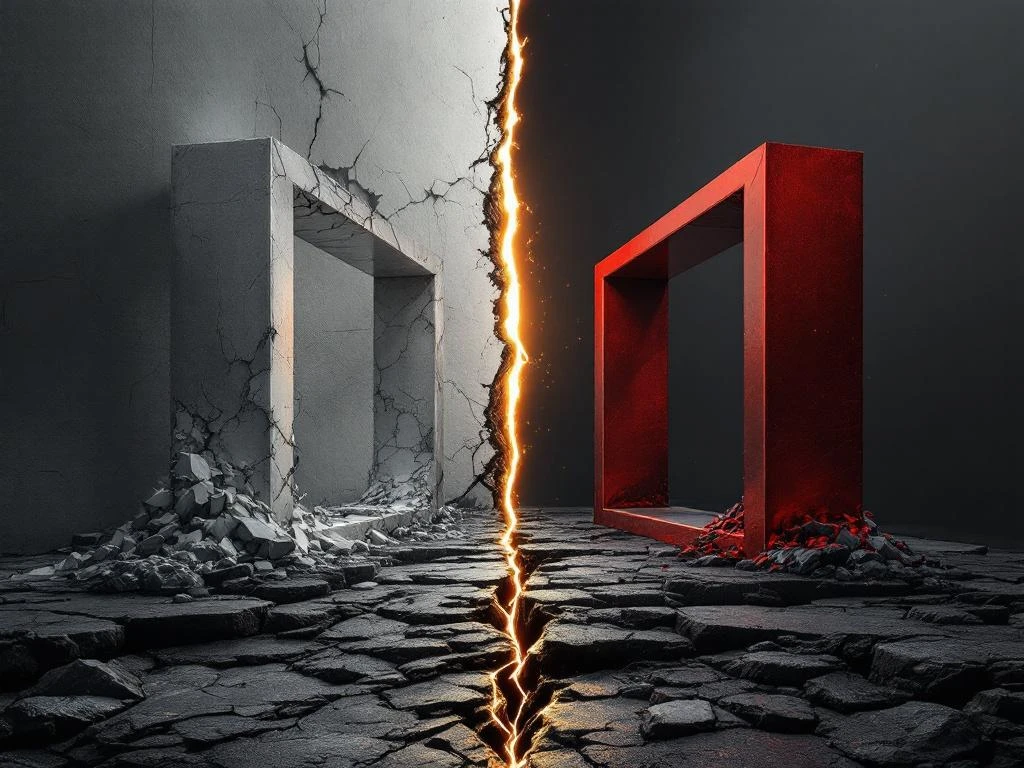 Business transformation showing crumbling gray brand on left separated by chasm from vibrant red and gold reborn brand on right