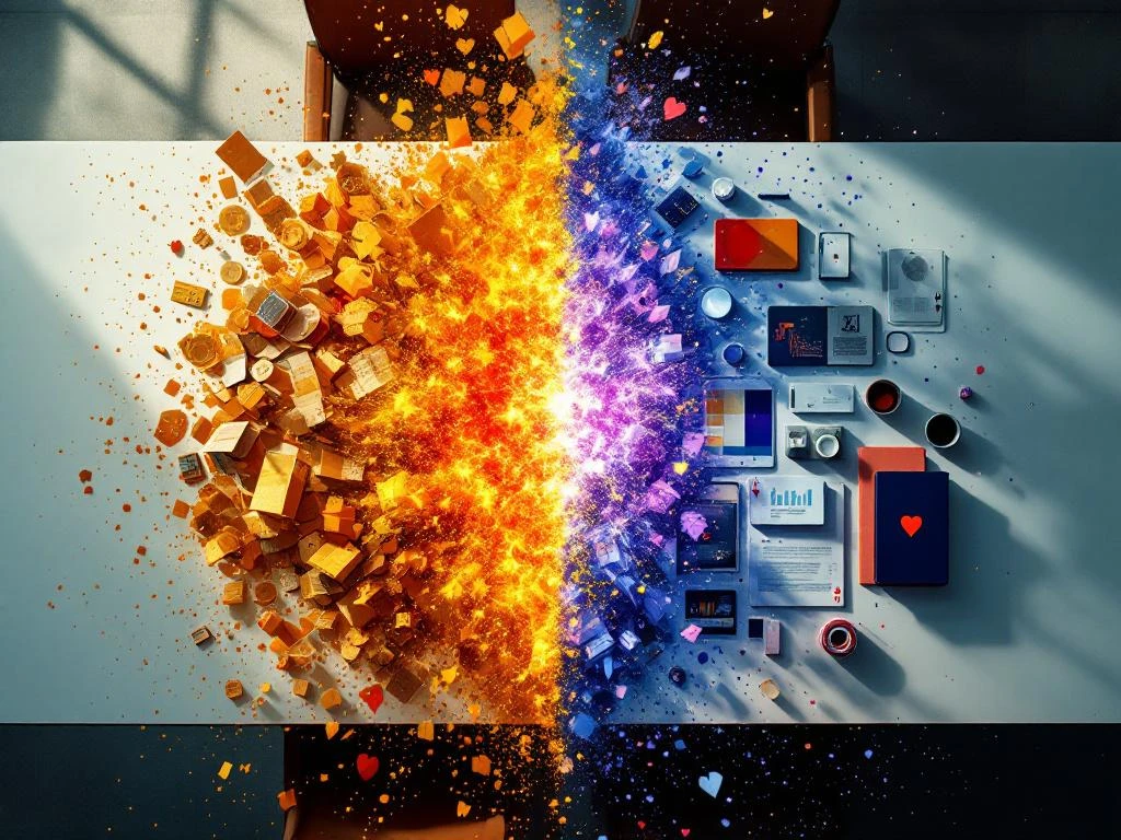 Overhead view of brand materials transforming from faded to vibrant on white boardroom table with dramatic lighting