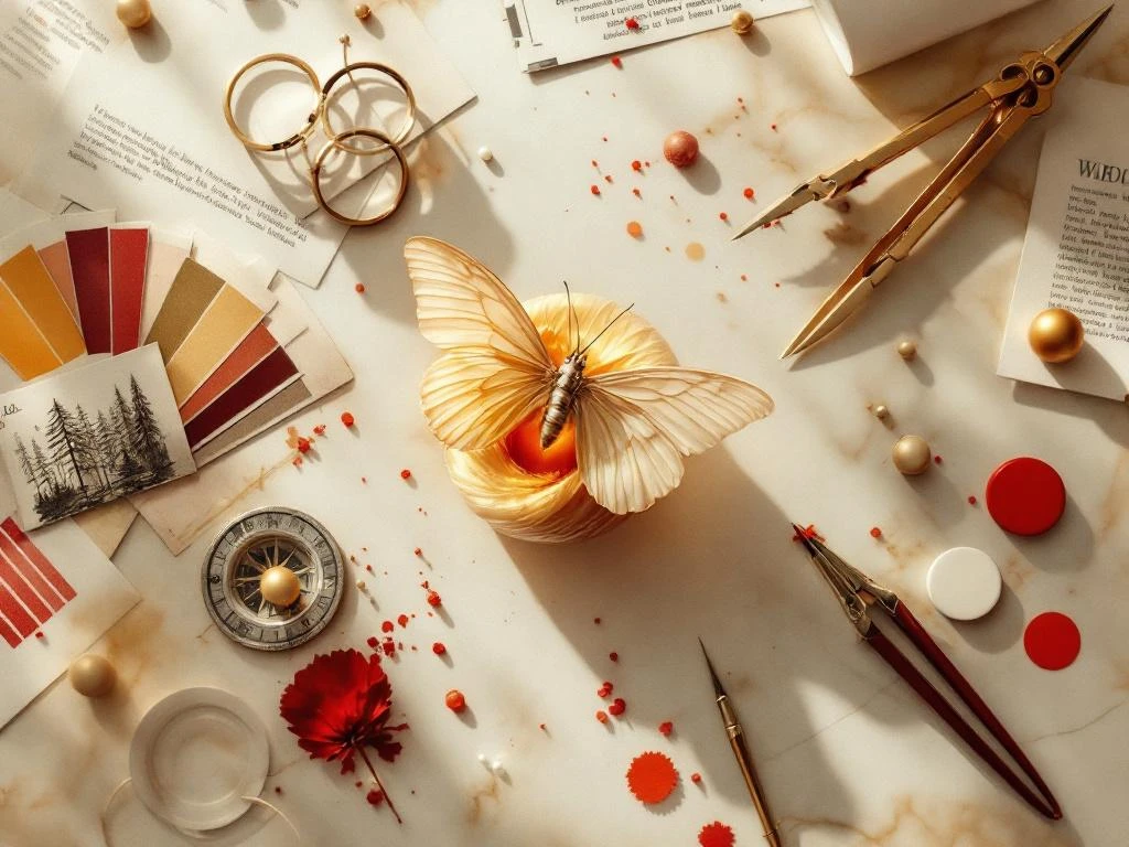 White butterfly emerging from golden chrysalis on marble with brand design elements transforming from classic to modern style