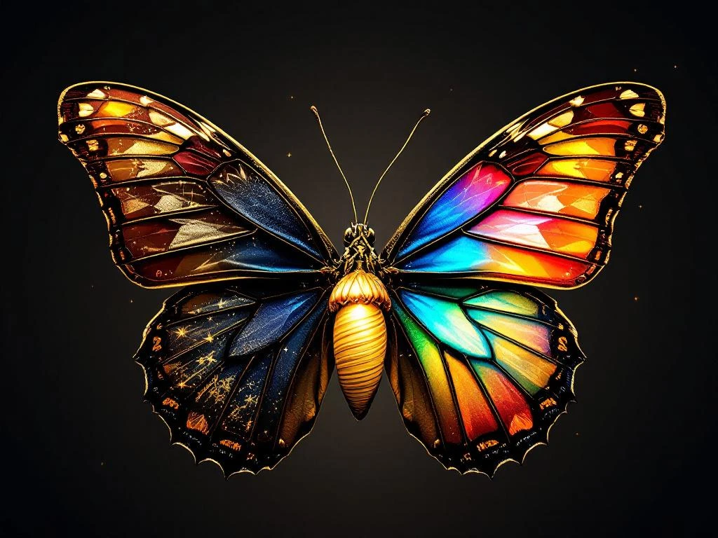 Butterfly with burgundy gold heritage wing and vibrant geometric wing emerging from cocoon symbolizing brand transformation