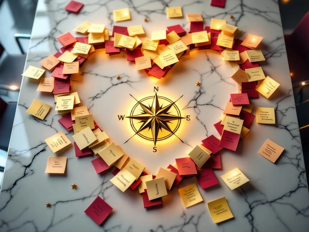 Golden brand compass surrounded by customer feedback cards arranged in heart shape on marble conference table