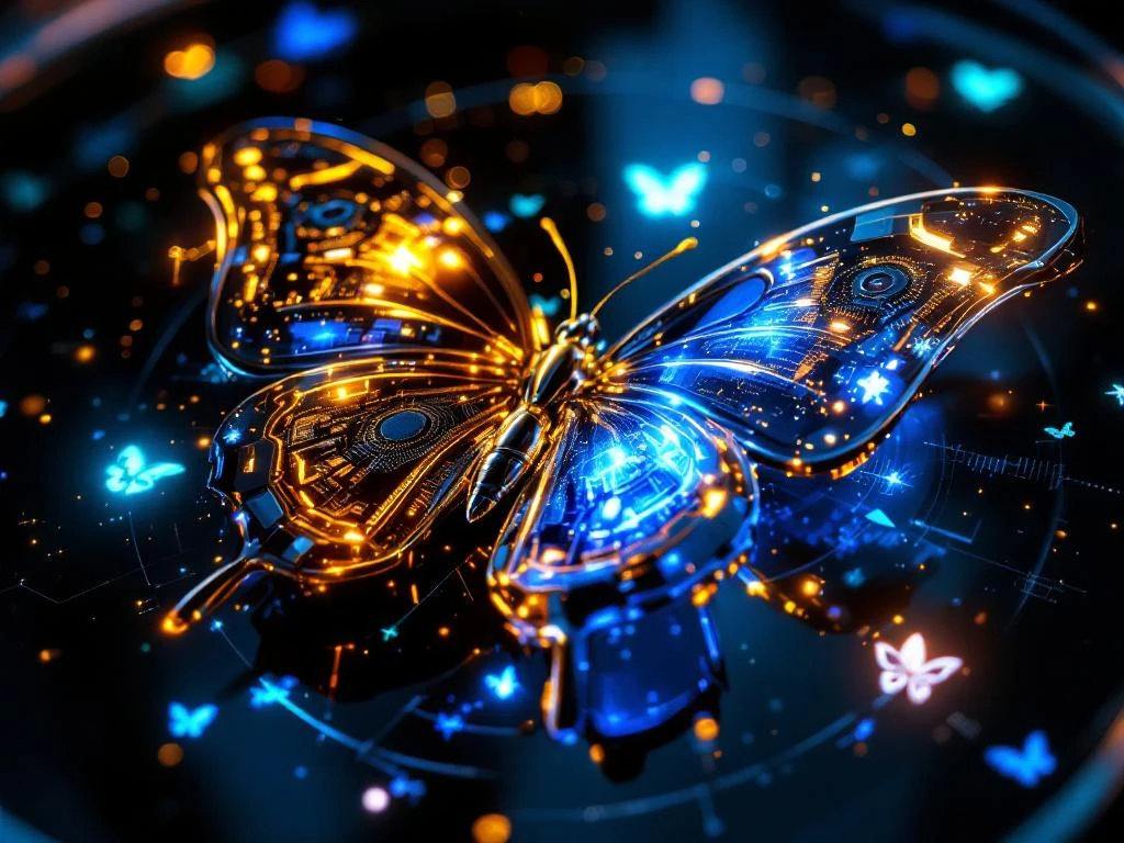 Metallic butterfly with mechanical circuitry wing and colorful traditional wing hovering over reflective surface with holographic symbols