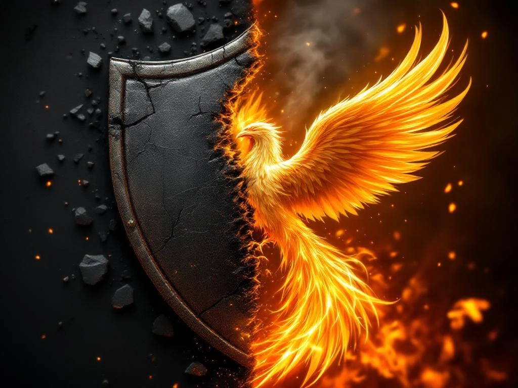 Crumbling brand shield transforming into golden phoenix rising from flames with dramatic lighting and swirling embers