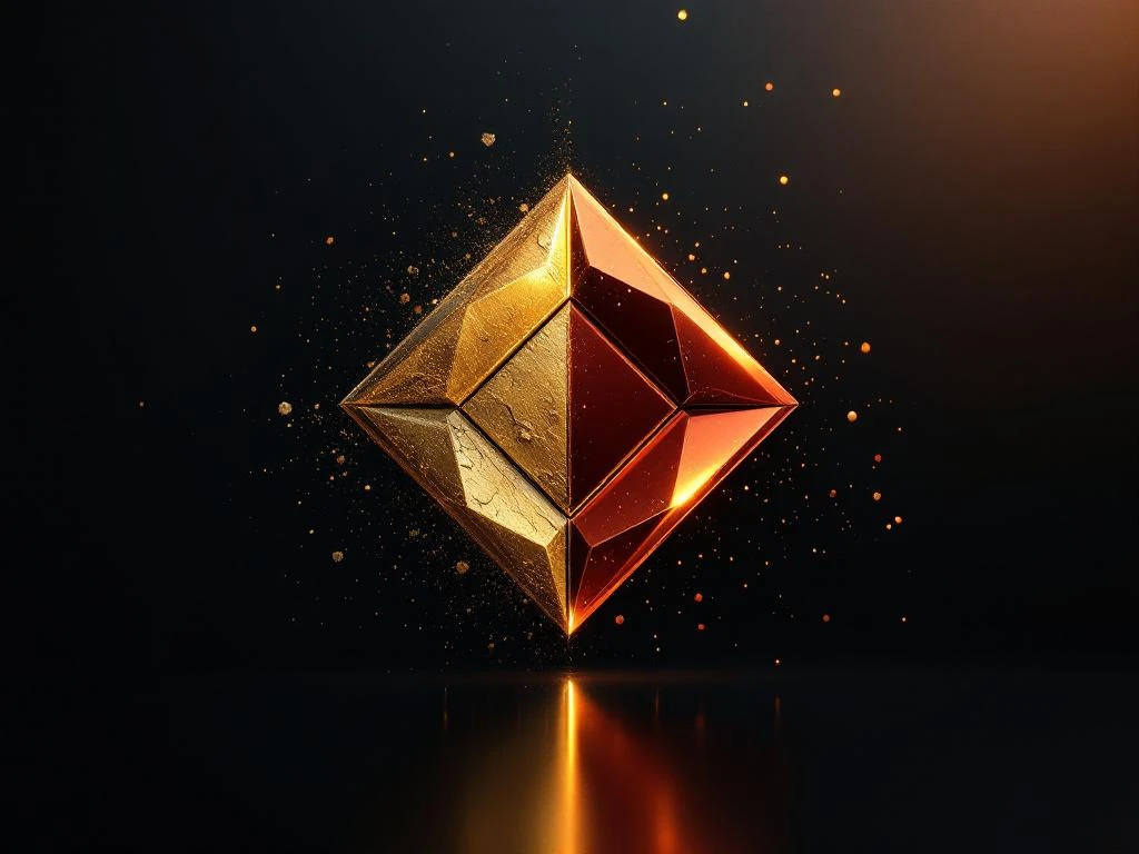 Vintage brand emblem transforming into modern geometric design with dramatic lighting and particle effects