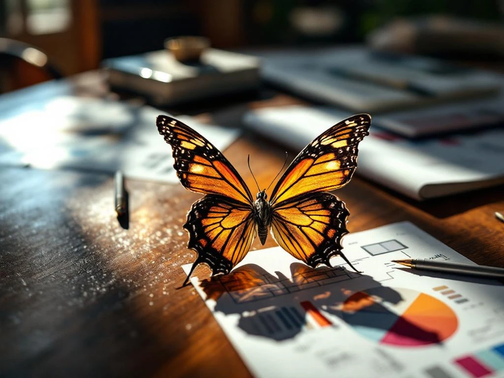 Butterfly emerging from chrysalis on boardroom table with brand strategy documents and color swatches in natural light