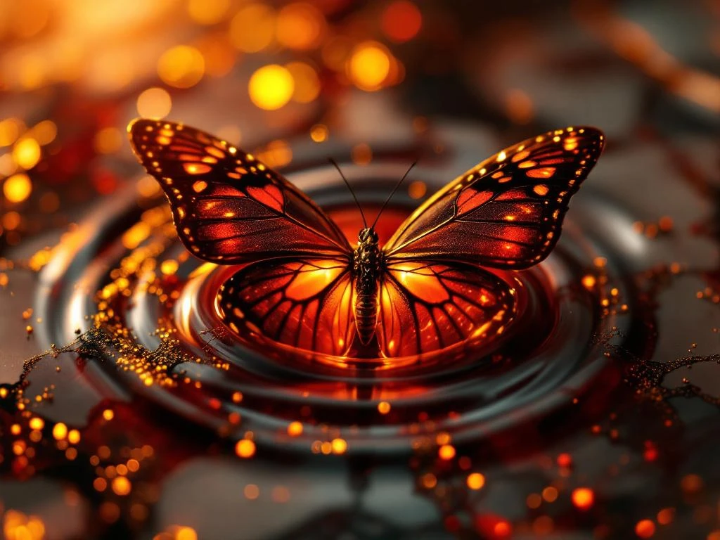 Butterfly emerging from chrysalis on marble surface with crimson and gold tones in liquid gold ripples