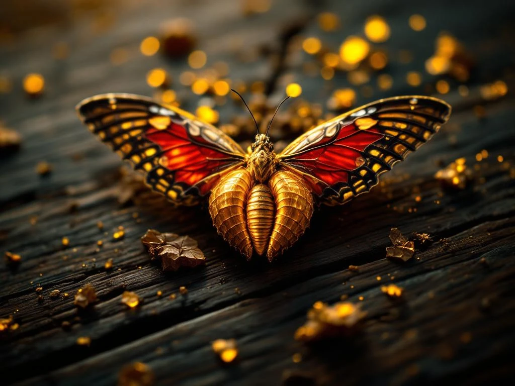 Golden chrysalis splitting open with crimson butterfly wings emerging on weathered wood, symbolizing transformation and renewal