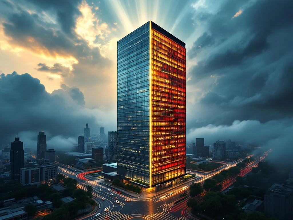 Corporate building transforming from gray concrete to vibrant red and gold modern design at busy intersection during golden hour