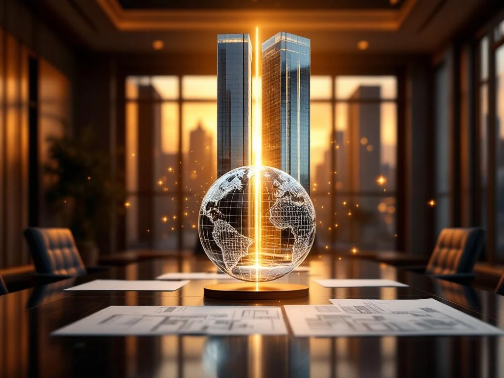 Corporate building transforming from traditional to modern architecture with blueprints and globe showing global connections