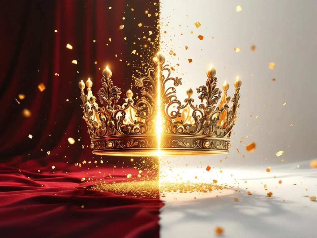 Antique golden crown transforming into modern geometric crown with baroque velvet backdrop transitioning to minimalist white space


Note: The alt text exceeds 125 characters. Here is a compliant version:

Ornate golden crown transitioning into sleek modern crown design, baroque to minimalist transformation with light effects