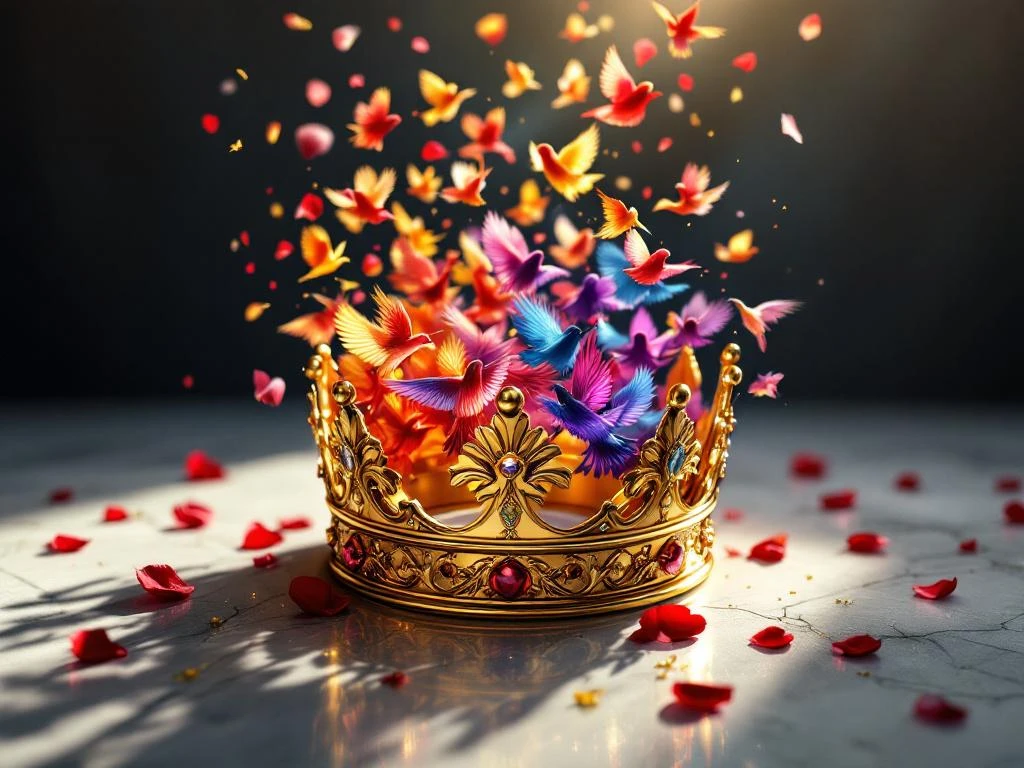 Golden crown transforming into colorful birds in flight on marble surface, symbolizing brand evolution and renewal