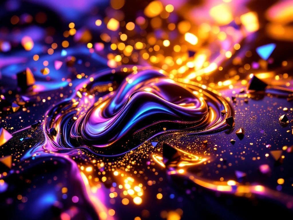 Chrome liquid metal logo transforming on black surface with purple, gold and blue holographic light streams in aerial view