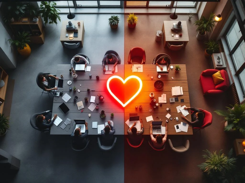 Office workspace split view showing monochrome corporate side transforming into vibrant collaborative space with glowing heart emblem
