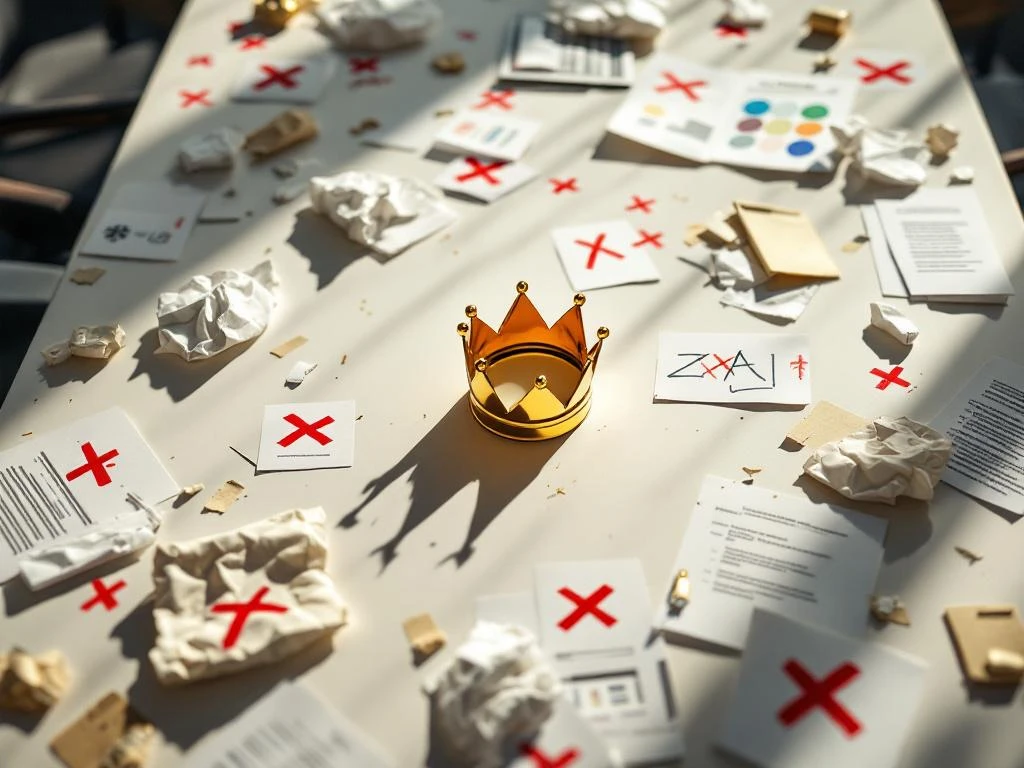 Golden crown among scattered rejected rebranding materials and crumpled logo sketches on white conference table