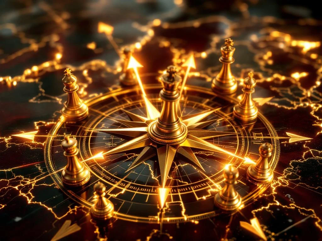Brass compass rose on marble with golden arrows pointing to world maps, surrounded by chess pieces casting shadows on territorial boundaries