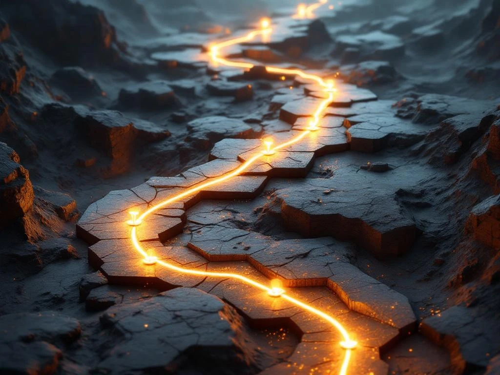 Aerial view of golden illuminated pathway winding through geometric brand elements transforming from gray to vibrant red and gold