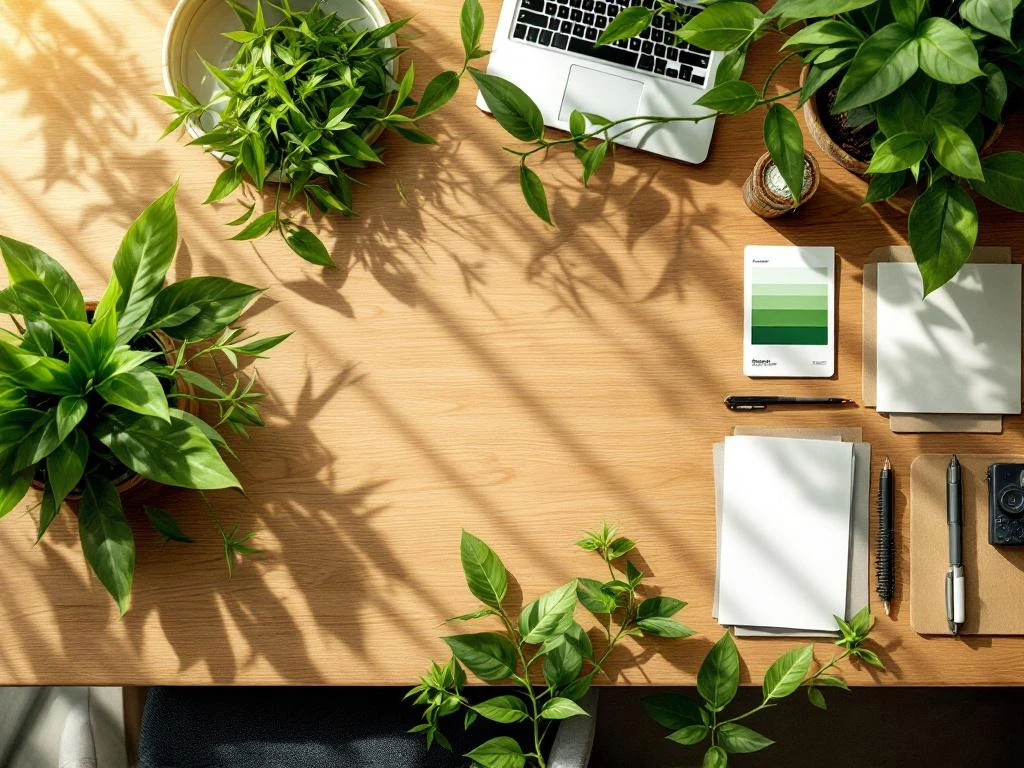 Green plant intertwining with brand design materials on wooden desk, symbolizing sustainable business transformation