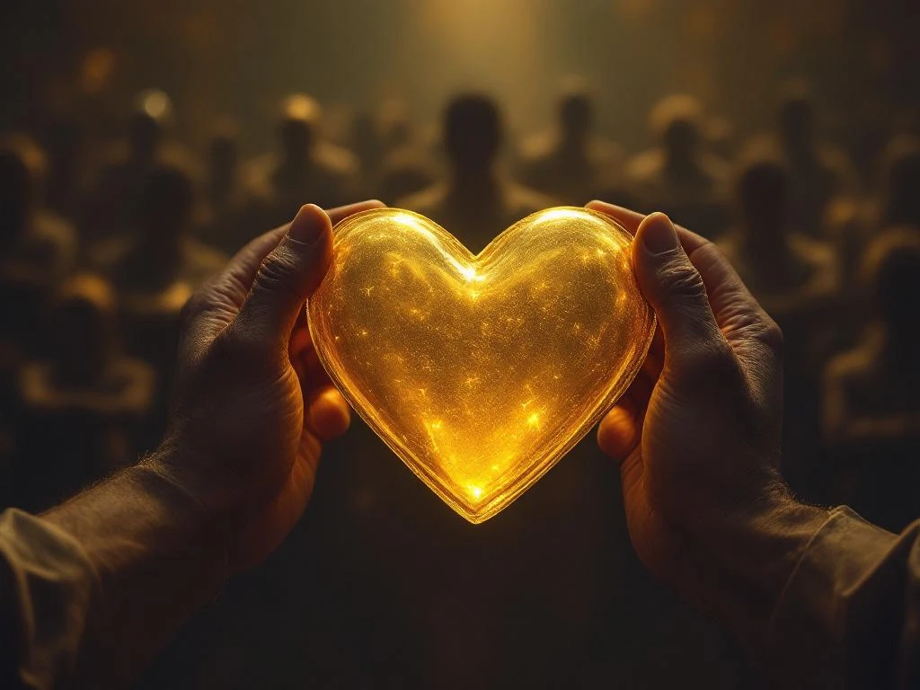 Weathered hands removing translucent mask from golden heart-shaped object, revealing authentic metallic texture beneath.