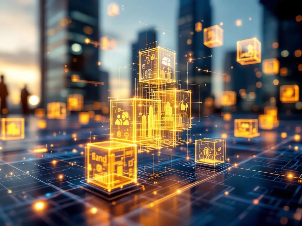 Golden building blocks with brand symbols float above architectural blueprint, connected by glowing energy streams in corporate setting.