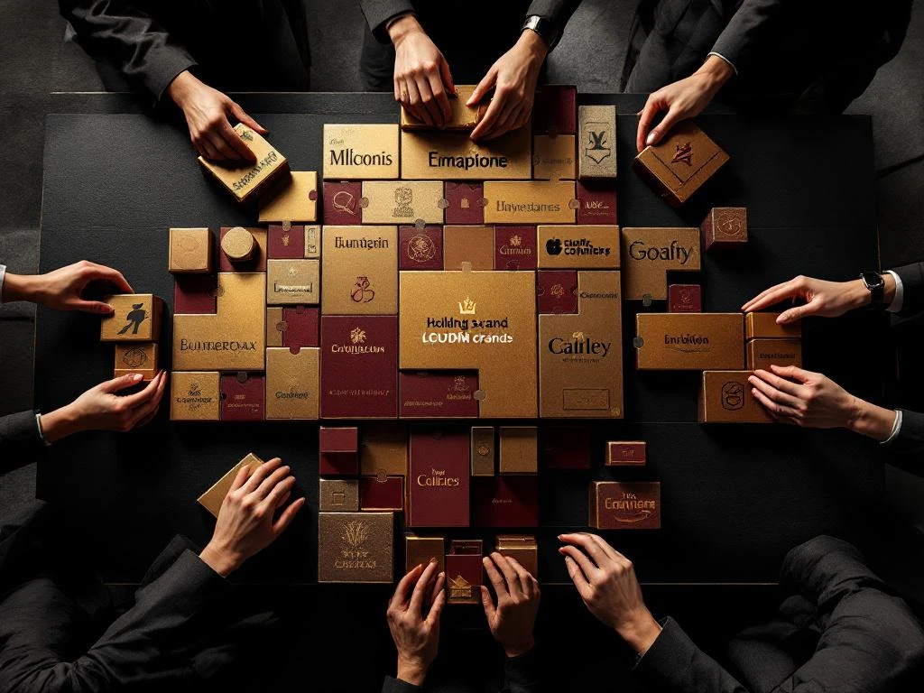 Aerial view of corporate boardroom with gold, burgundy, and charcoal puzzle blocks representing brand restructuring strategy.