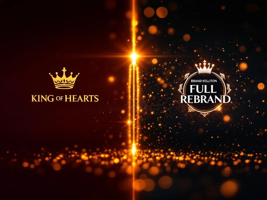 Split-screen brand evolution: subtle logo refresh with golden lighting on left, dramatic rebrand transformation on right
