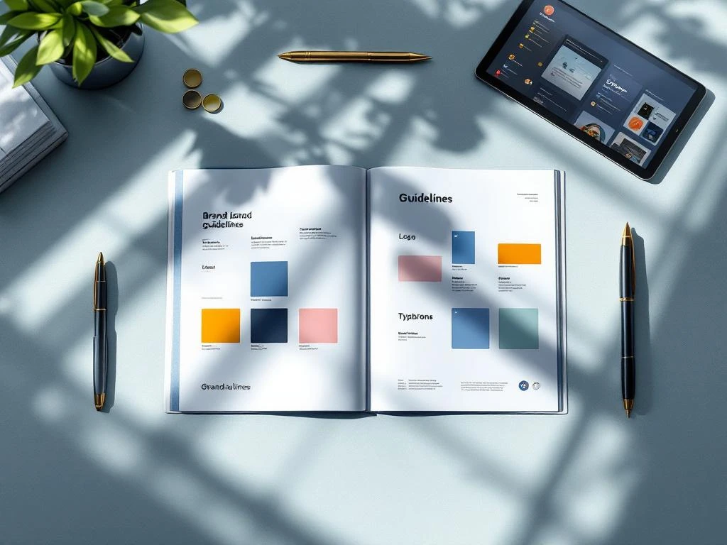 Open brand guidelines document on boardroom table showing logo variations, typography samples, and color swatches with design tools