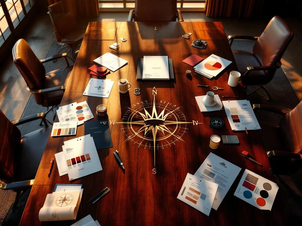 Aerial view of mahogany boardroom table with CEO chair, brand strategy documents, logo concepts, and crown symbol in golden hour lighting.