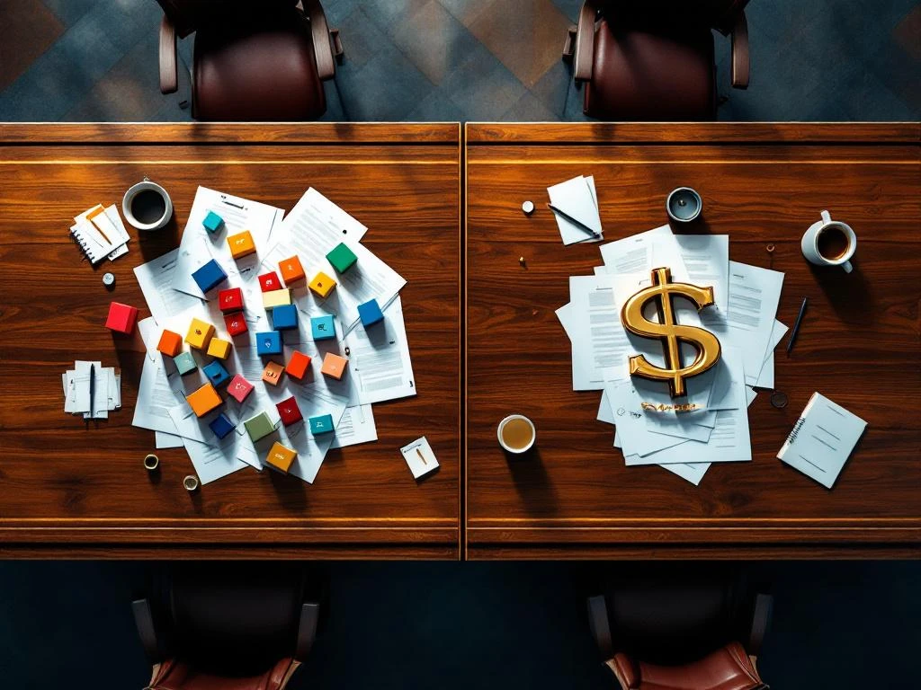 Aerial view of boardroom table showing brand strategy comparison: scattered multi-brand logos on left versus single unified golden brand symbol on right