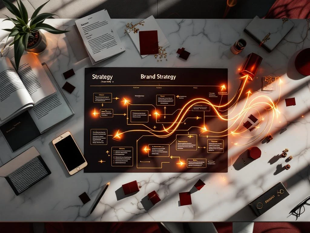 Brand strategy blueprint on marble desk transforming into customer journey map with golden arrows connecting to smartphone, tablet, and luxury packaging elements.