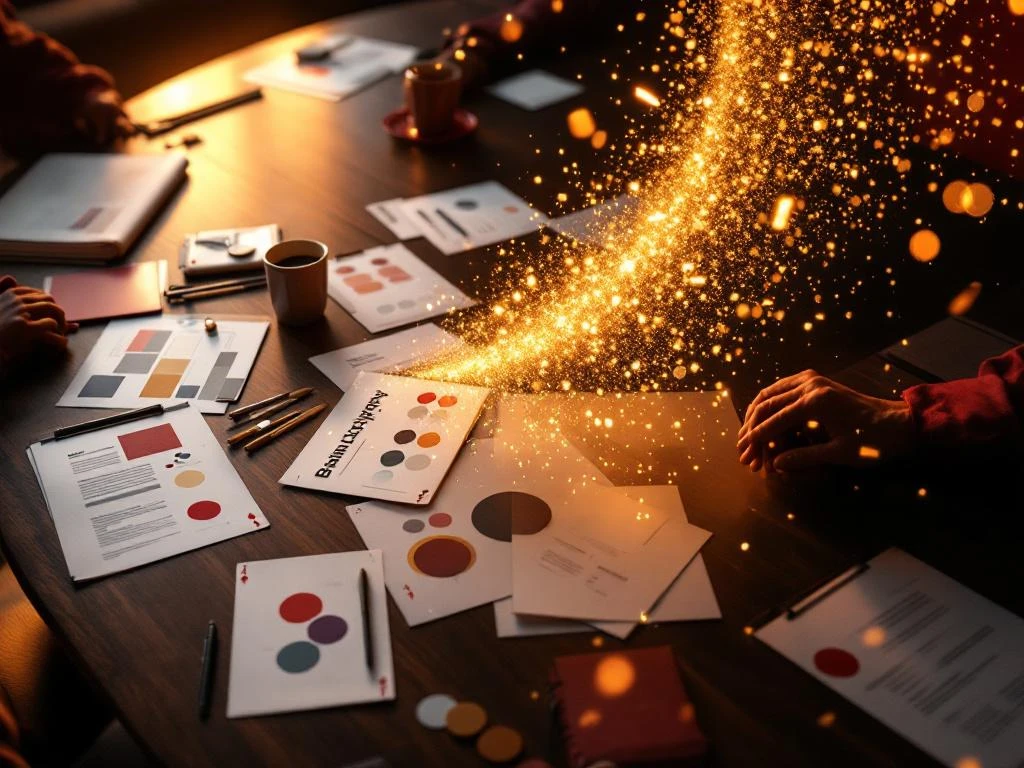 Aerial view of modern conference table with brand strategy documents transforming into glowing digital particles with golden lighting.