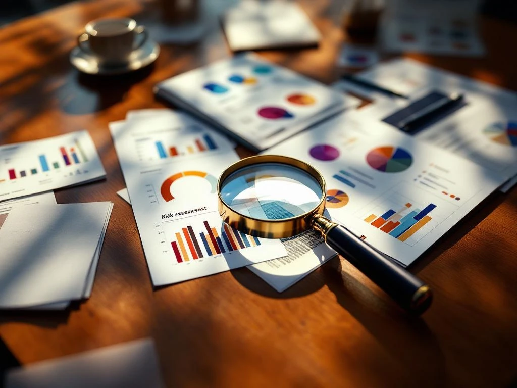Magnifying glass examining brand strategy documents and charts on elegant boardroom table with warm lighting
