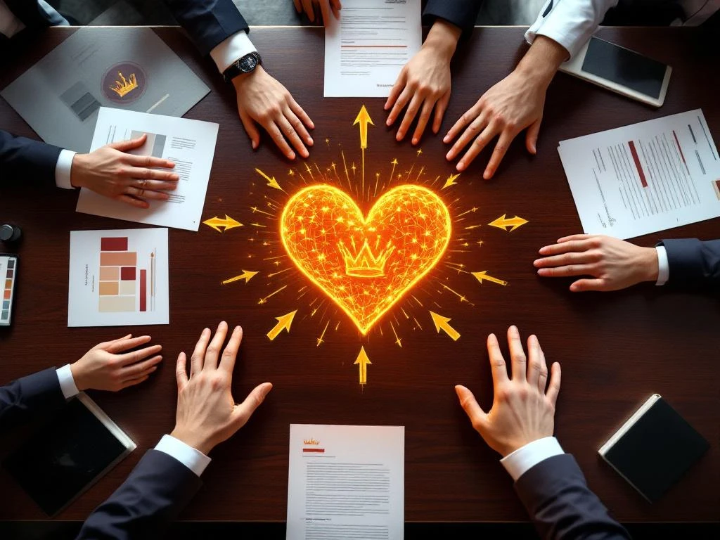 Multiple hands reaching toward glowing heart-shaped crown emblem on boardroom table with strategic documents and brand materials